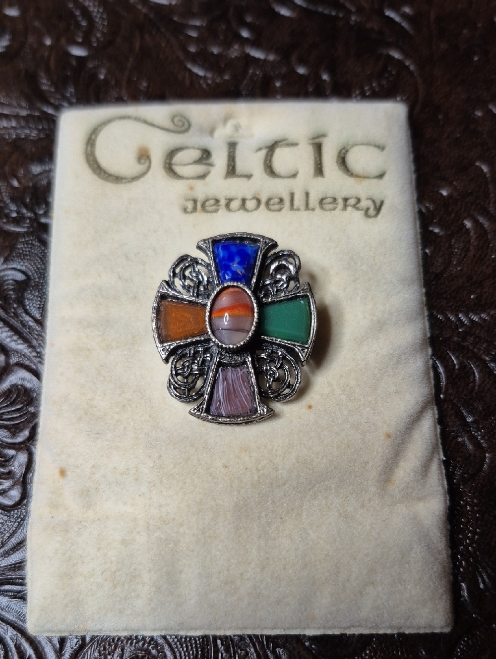 Vintage Celtic Jewellery Multicolor Stones Cross Brooch Pendant- Silver Tone